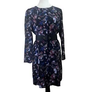 100% Silk | Pippa | Long Sleeved Midi Shift Dress | Black Abstract Pattern | 6
